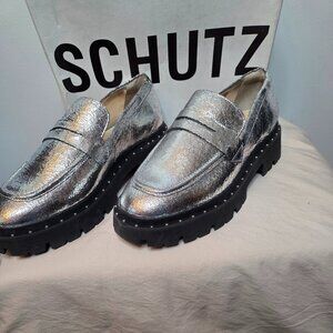 Schultz Silver Metallic Platform Penny Loafers